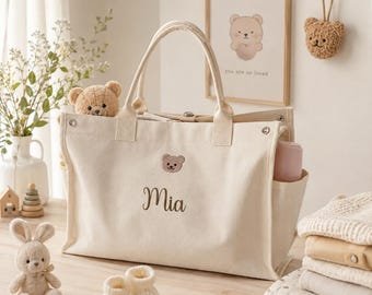 Borsa fasciatoio personalizzata – Borsa tote per la mamma con nome ricamato su misura, borsa grande in tela per neonati, organizer leggero per passeggino, regalo per la mamma in occasione del baby shower.