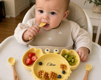 Personalized Baby Silicone Suction Plate, Custom Name Crab Toddler Plate with Spoon & Fork, Baby Feeding Set, First Birthday Gift