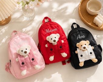 Personalized Kids Backpack with Teddy Bear, Custom Name School Bag for Toddlers, Cute Lightweight Daypack for Boys Girls