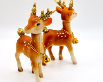 1960s Plastic REINDEER Movable Head Gold Bell Christmas Decor.