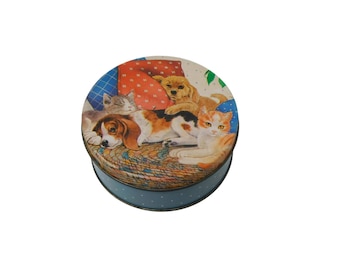 Vintage Puppies and Kittens Tin Box with Coaster Set.
