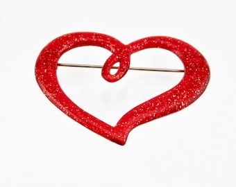 1960s  Red Glittery Open Work Lucite Heart Brooch.