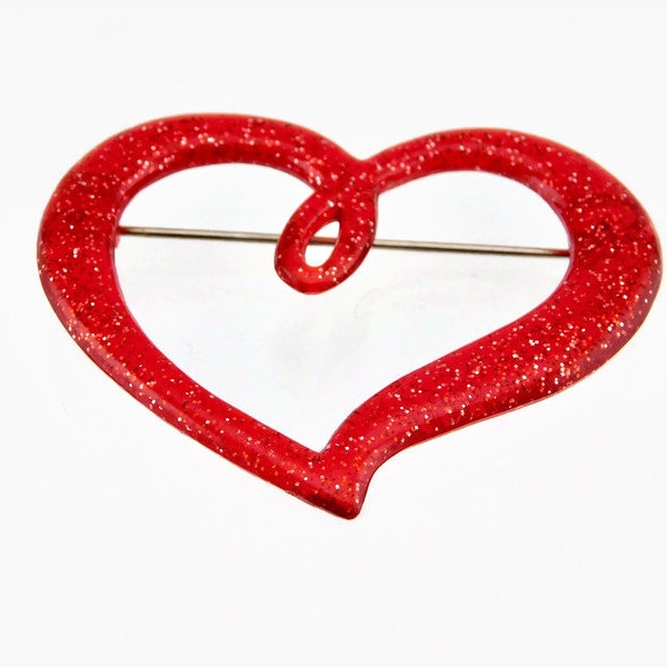 1960s  Red Glittery Open Work Lucite Heart Brooch.