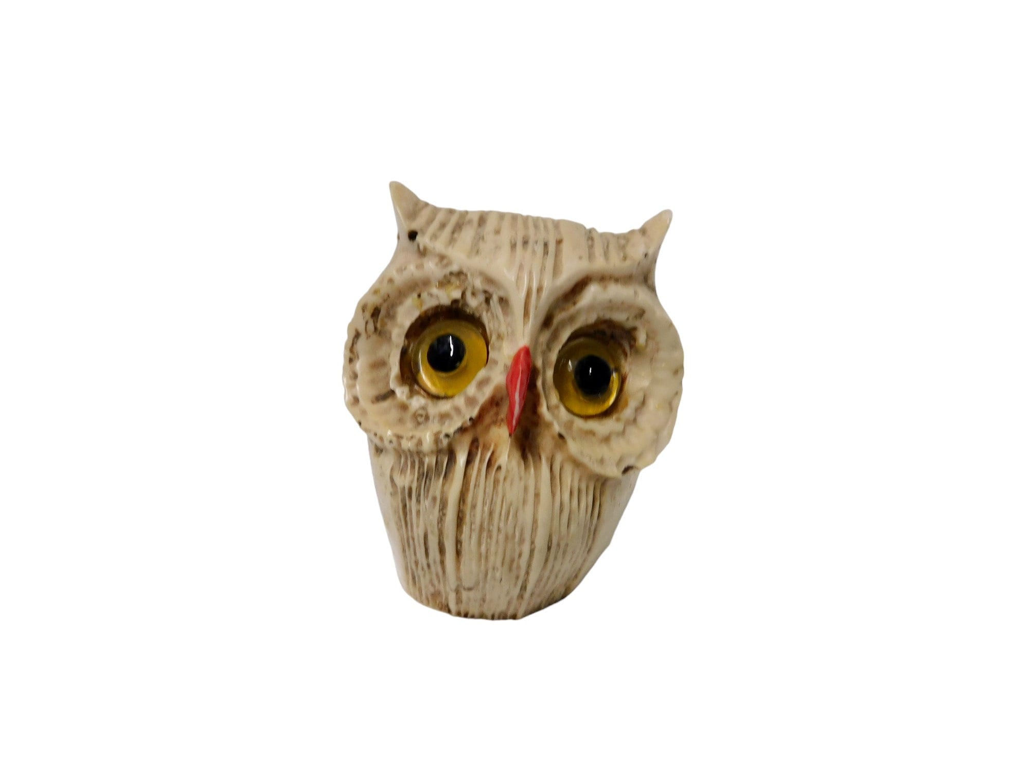 Vintage Carved Faux Bone Owl Figurine with Glass Eyes.