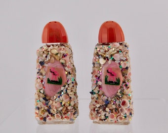 Mid Century Seashells with Painted Flamingo Florida Souvenir Salt and Pepper Shakers.