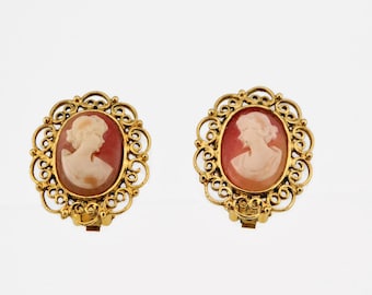 Vintage Gold tone Faux Shell Cameo Clip Earrings.