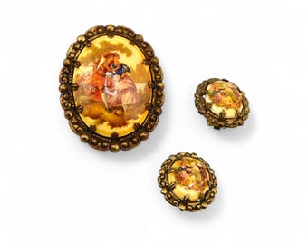 Western Germany  Oval Fragonard Courting Couple  Scene Oval Brooch and Earrings Set