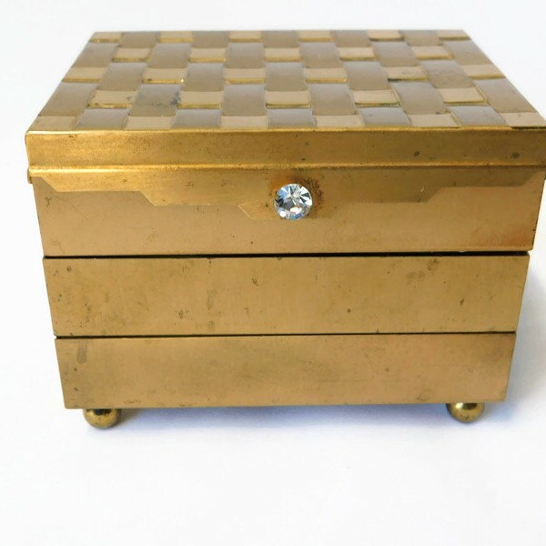 Vintage Brass with Rhinestone Expandable 3 Tier Jewelry Box.
