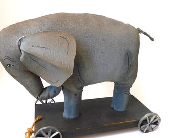 Ozark Folk Art Elephant Pull Toy: 1990s Vintage Animal Figurine