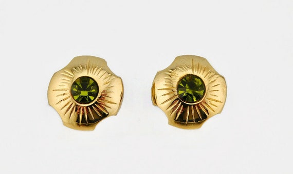 Gold tone  Flower shaped with Olivine Green Rhine… - image 4