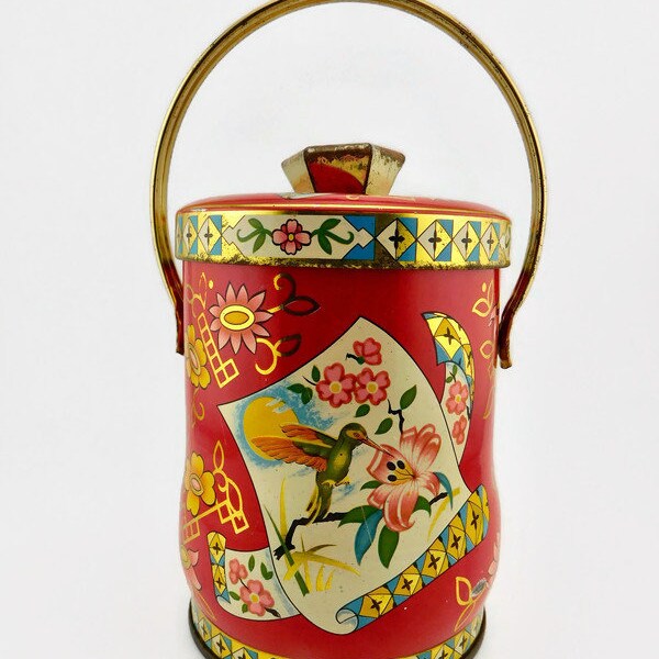 Vintage MURRAY-ALLEN Red with Flowers and Hummingbird Tin Can. Lidded with Handle.