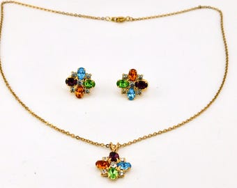 Vintage Gold Tone Crystal Necklace and Clip On Earrings Set