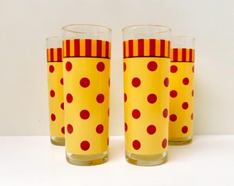 Vintage Gail Pitman Yellow Red Polka Dot Tom Collins Glasses Set