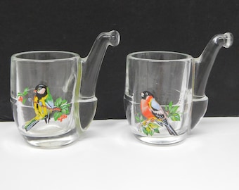 Italian Pipe Shaped Shot Glasses with Colorful Birds. Set of 2