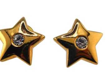 Gold Plating Clear Rhinestone STAR  Earrings. Pierced.