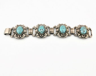 Vintage Silver tone with Oval Faux Turquoise Chunky Bracelet.