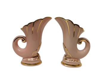 MCM Pink and Gold Hyalyn  Ceramic Cornucopia Vase Set of 2.