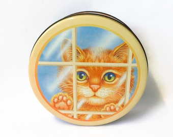 Vintage ES B Yellow Cat in the Window Lidded Round Tin Box.