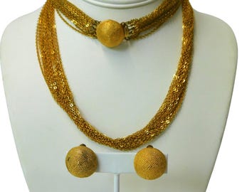 Vintage Gold plating Multi Chain Necklace and Earrings Set.