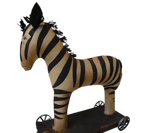 Vintage Folk Art Zebra Pull Toy - Ozark Artisan Signed 1991