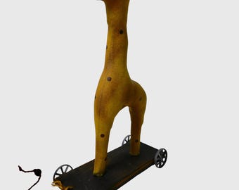 Vintage Ozark Folk Art Giraffe Pull Toy - 1990s Signed Artisan Piece