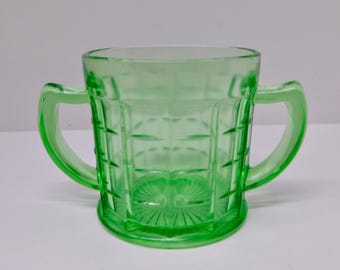 Vintage HAZEL ATLAS Green Vaseline Uranium Glass Sugar Bowl  Colonial Block Pattern