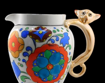 Vintage Hand Painted Lusterware  Japanese  Cat Handle Pitcher