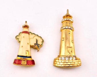 1995 Bergdorf Goodman Lighthouse Brooch Lot of 2pc. Enamel and Rhinestones.