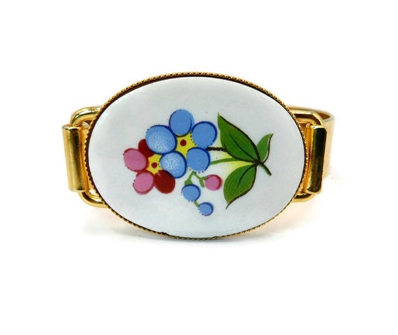 Vintage Gold tone with Oval  Floral Porcelain  Hi… - image 5