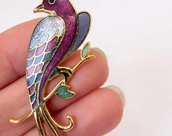 Cloisonné Guilloche Bird of Paradise Brooch. Fish &Crown brand.