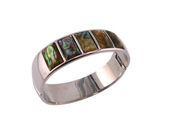 Stainless Steel Abalone Shell Paneled Hinged Bracelet.