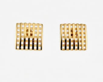 Vintage AVON Gold Square Open Work Checkered Earrings. Post Earrings.