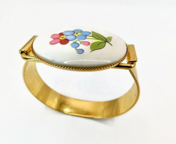 Vintage Gold tone with Oval  Floral Porcelain  Hi… - image 3