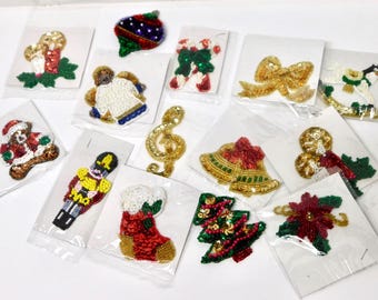 Vintage CHRISTMAS Sew-on Appliqués .Sequenced /Beaded. Variety . 14 pc. Lot