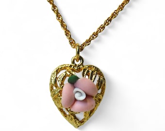 Vintage 1928  Dainty  Heart with Pink Flower Pendant Necklace.