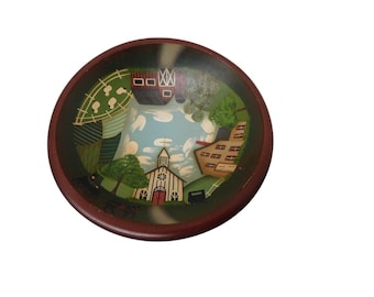Hand Painted Wood Bowl. Amish Farm  Scene.