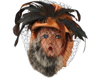 Vintage Hand Crafted Lady Mask with Feathers. Artisan Signed.
