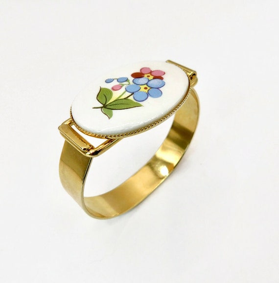 Vintage Gold tone with Oval  Floral Porcelain  Hi… - image 1