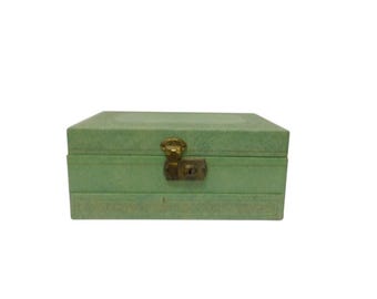 Mid Century Green Leatherette Two Tiered and Drawer Jewelry Box