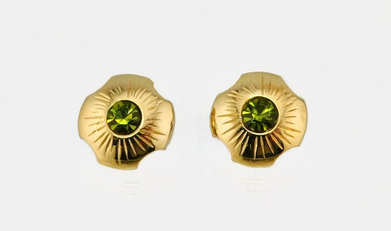 Gold tone  Flower shaped with Olivine Green Rhine… - image 3