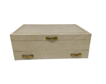 Mid Century Beige  Leatherette Two Tiered and Drawer Jewelry Box