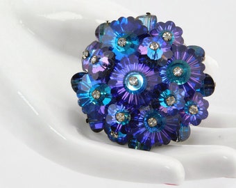 Vintage  Blue/Violet  Marguerite Cluster  Crystal Brooch.