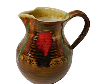1976 Handcrafted DRYDEN Pottery Pitcher. Red Flame. Artist signed.Rare.