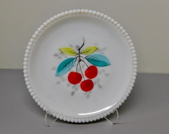 WESTMORELAND  Milk Glass hand Painted Cherry Plate. MCM Cherries Plate.