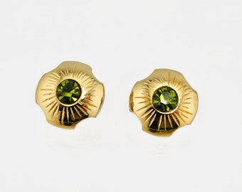 Gold tone  Flower shaped with Olivine Green Rhinestones Earrings.  Pierced.