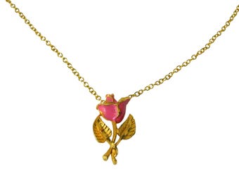 Gold Tone Pink Enamel Rose Pendant Necklace, 16"