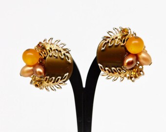 Mid Century Gold tone with Brown Lucite  Topaz Rhinestonesand Golden Faux  Pearls Earrings.