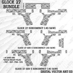 Glock 27, Glock 27 Gen 4, Glock 27 Gen 5 Scroll Design.Glock Patterns, fichier svg glock, Glock scroll Design, gravure glock, gravure pistolet, svg