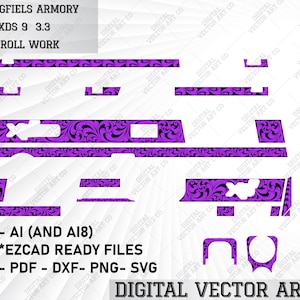 May include: A digital download of a purple and black scrollwork design for a Springfield Armory XDS 9 3.3 pistol. The design includes a variety of decorative elements, including a floral pattern and a scrollwork design. The design is available in AI, DXF, PNG, and SVG formats.