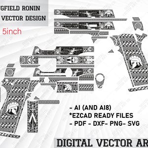 May include: Black and white vector design for a Springfield Ronin pistol with a Spartan theme. The design includes a 5-inch pistol grip, a slide, and a barrel. The design is labeled "Springfield Ronin Sparta Vector Design" and "5 inch".